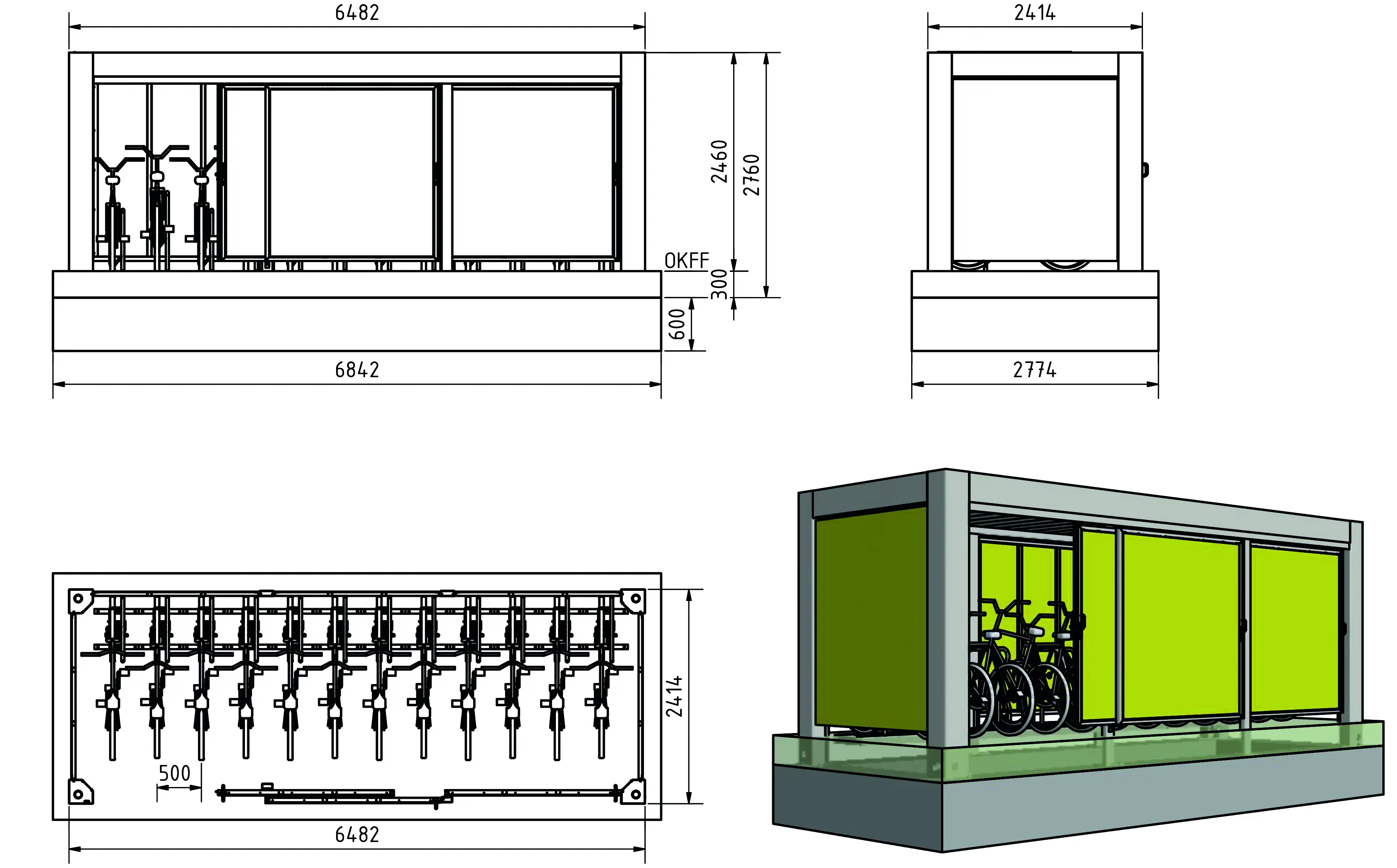 KUBUS 241 Konfiguration 2414×6482mm – 12 Stellplätze mit Basic Plus 50 Fahrradständern